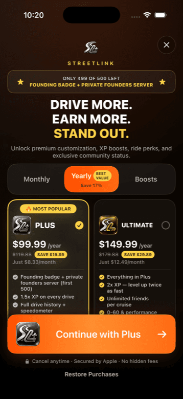 StreetLink Plus membership screen